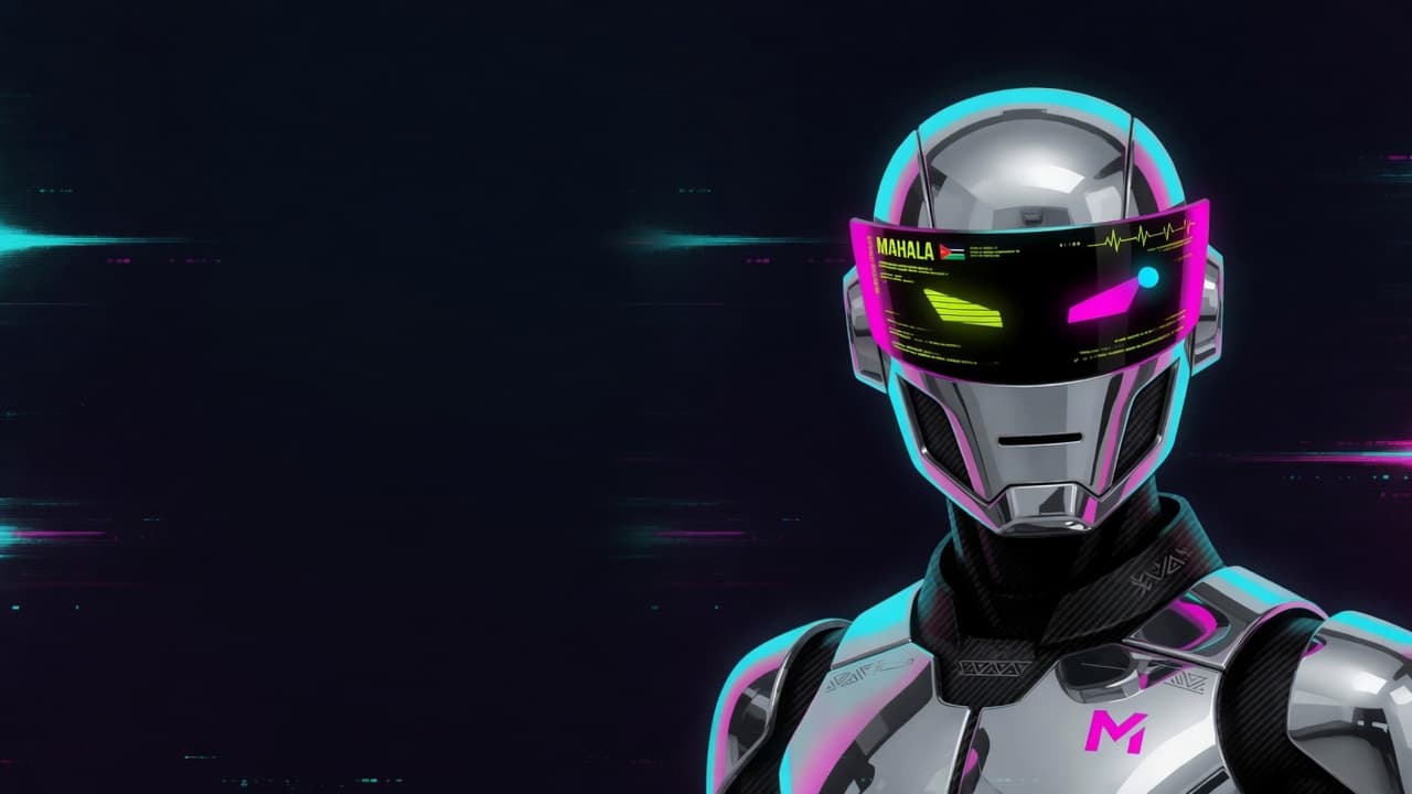 Mahala visor robot, chrome armour, acid lime and magenta HUD